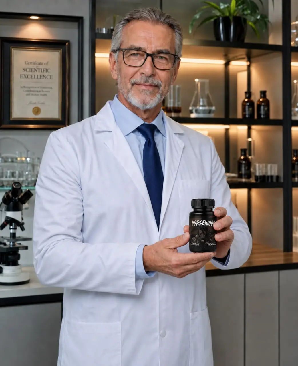 Doctor holding Horsewood bottle - clinically-backed male performance supplement